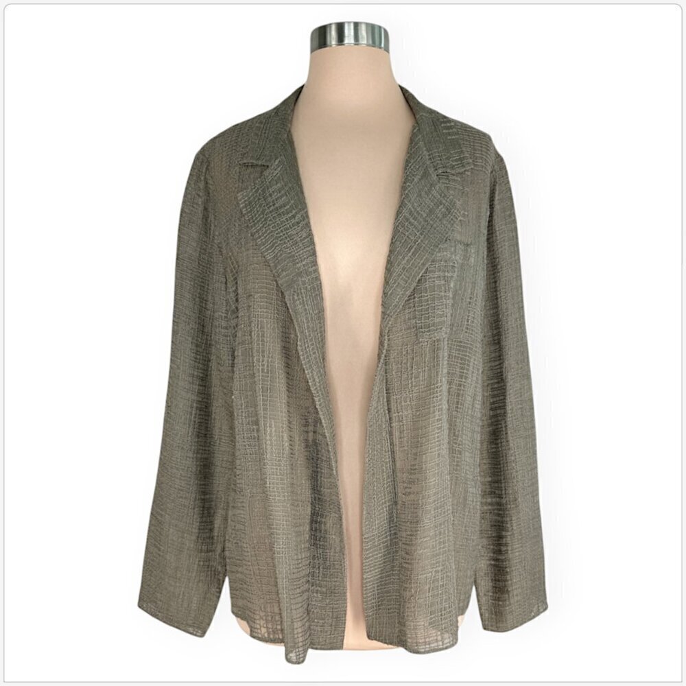 Elie Tahari Beige Khaki Open Front Textured Silk Sheer Lightweight Jacket NEW L